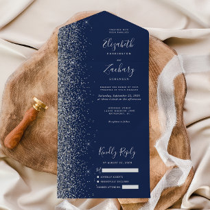 Modern Navy Blue Silver Glitter Wedding All In One Invitation