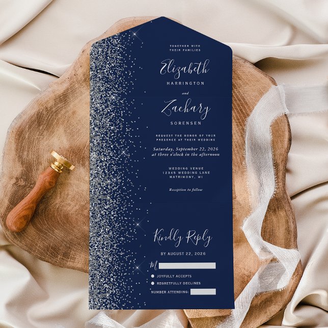 Modern Navy Blue Silver Glitter Wedding All In One Invitation (Creator Uploaded)