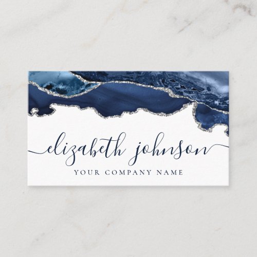 Modern Navy Blue Silver Gray Glitter Agate Marble Business Card