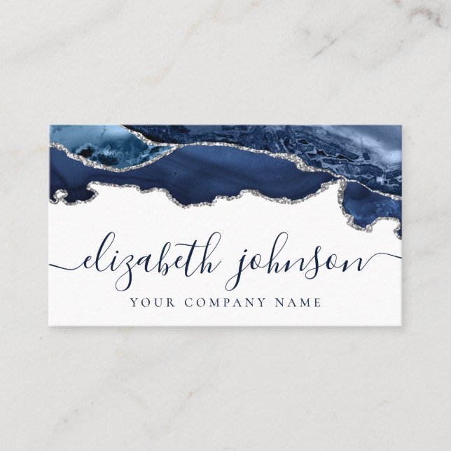 Modern Navy Blue Silver Gray Glitter Agate Marble Business Card (Front)