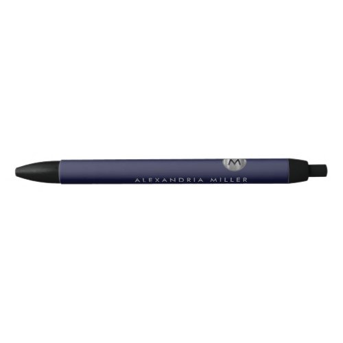 Modern Navy Blue Silver Monogram Black Ink Pen