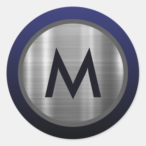 Modern Navy Blue Silver Monogram Classic Round Sticker