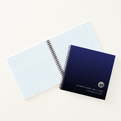 Modern Navy Blue Silver Monogram Graph Paper Notebook