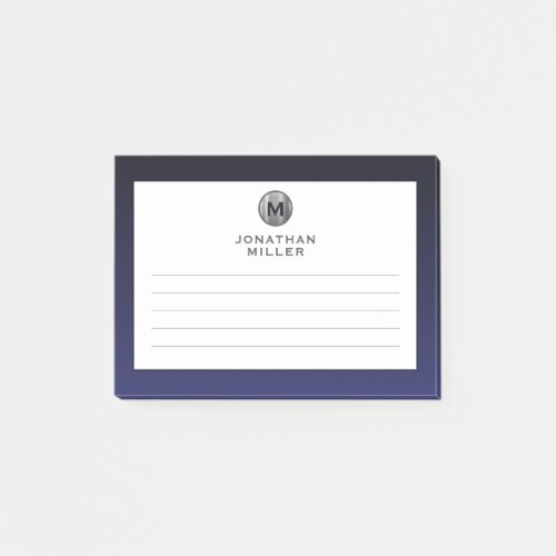 Modern Navy Blue Silver Monogram Lined Post_it Notes