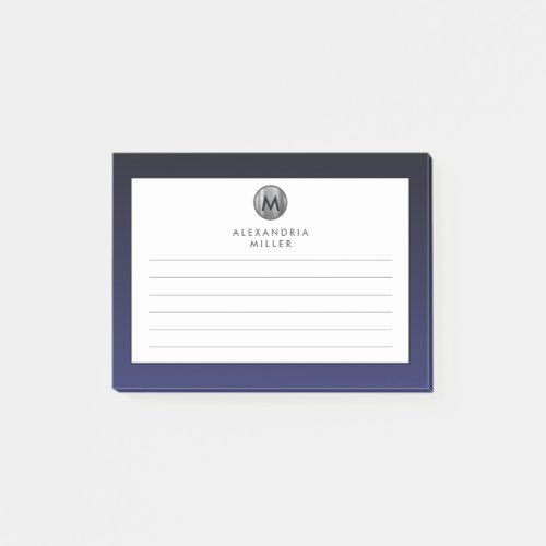 Modern Navy Blue Silver Monogram Lined Post_it Notes