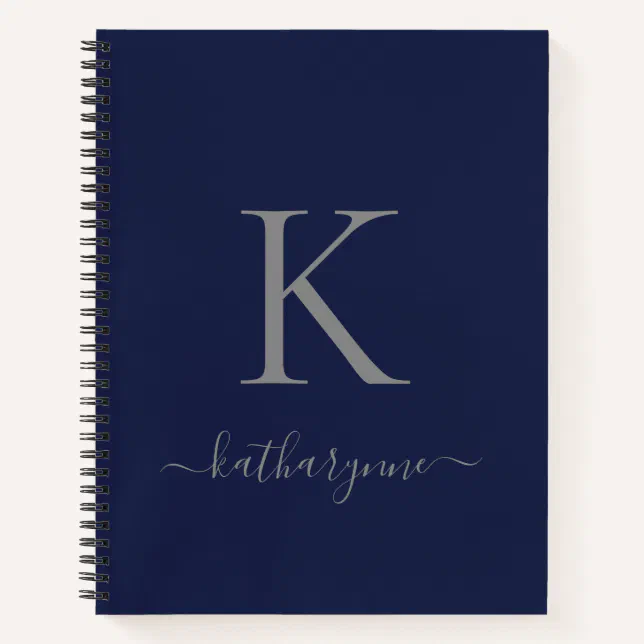 Modern Navy Blue Silver Monogram Name Notebook | Zazzle