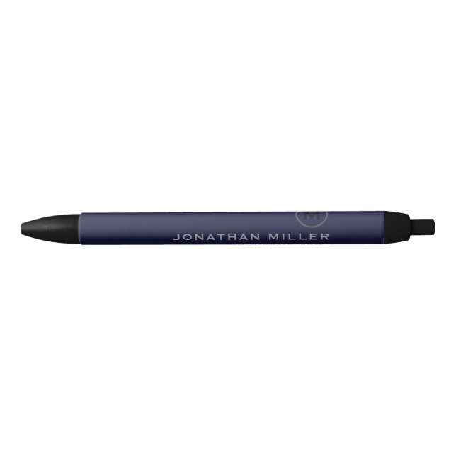 Modern Navy Blue Silver Monogram Pen (Front)