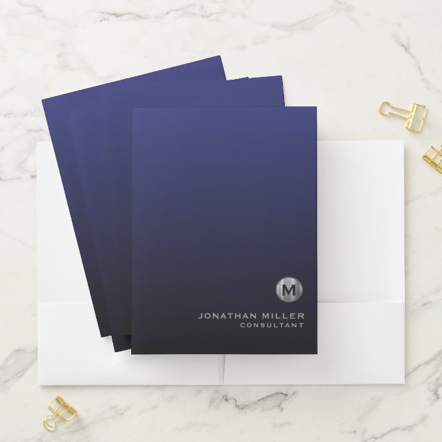 Modern Navy Blue Silver Monogram Pocket Folder (In Situ)