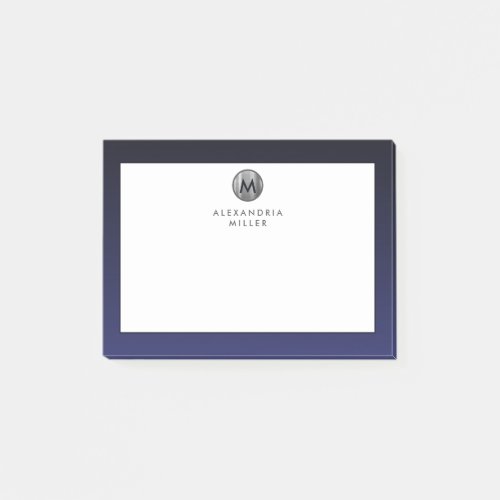 Modern Navy Blue Silver Monogram Post_it Notes