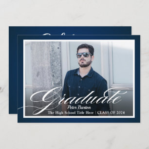 Modern Navy Blue Silver Script Photo Grad Party Invitation