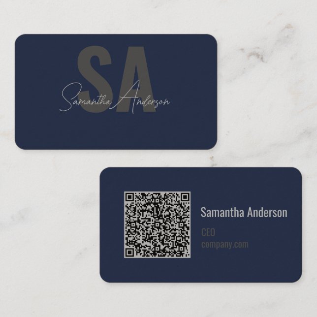 Modern Navy Blue & Silver with QR code |  Business Card (Front/Back)