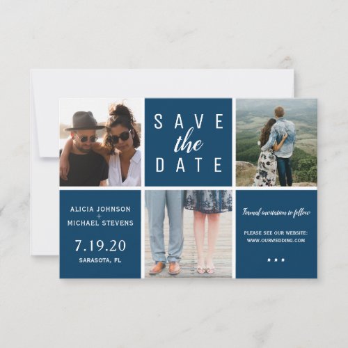 Modern navy blue simple 3 photo collage wedding save the date