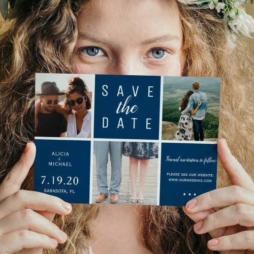 Modern navy blue simple 3 photo collage wedding save the date