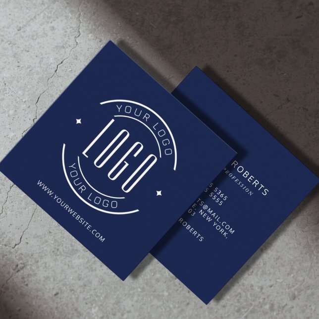 Modern navy blue simple add your logo square business card (Creator Uploaded)