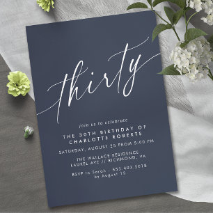 Modern Navy Blue Simple Script 30th Birthday Invitation