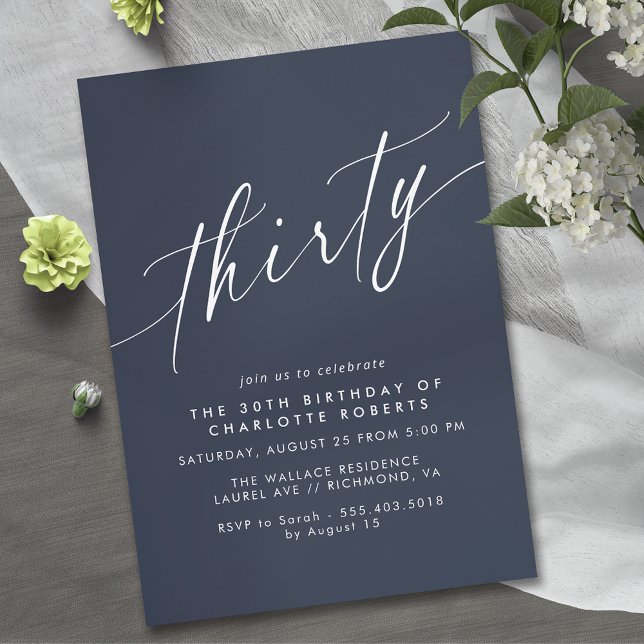 Modern Navy Blue | Simple Script 30th Birthday Invitation (Creator Uploaded)