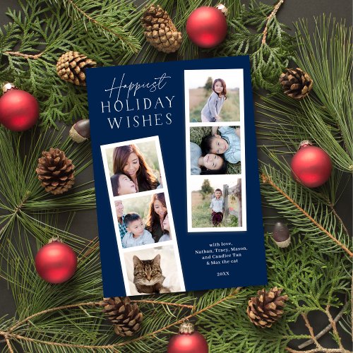 Modern Navy Blue Six Photo Photobooth Holiday Card