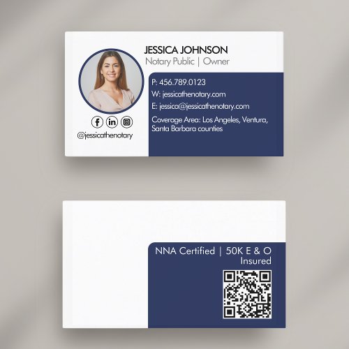 Modern Navy Blue Sleek Round Photo QR Code Notary Business Card