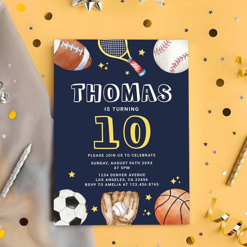 Modern Navy Blue Sports birthday Boys Invitation