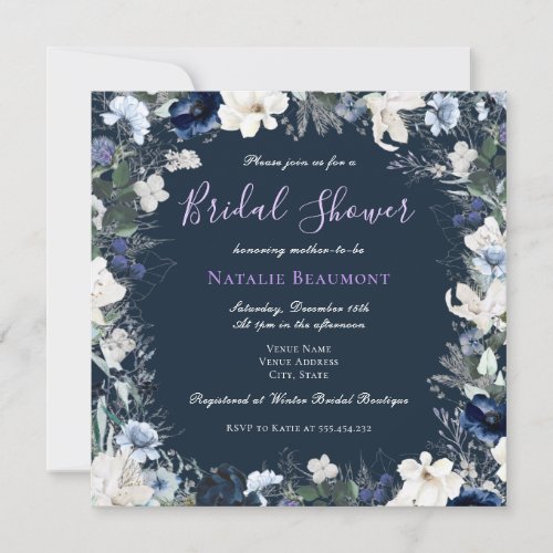 Modern Navy Blue Square Floral Bridal Shower Invitation