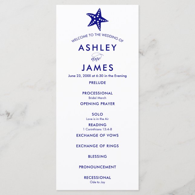 Modern Navy Blue Starfish Wedding Ceremony Program (Front)