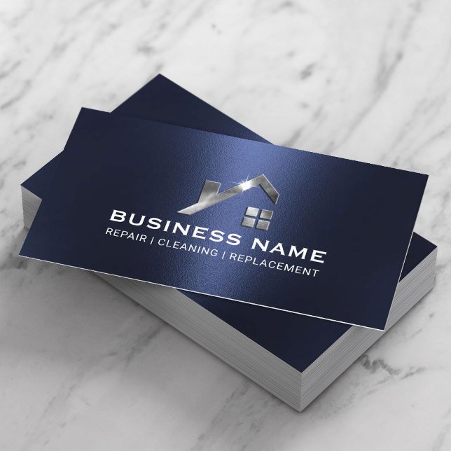 Modern Navy Blue Steel House Logo Real Estate Business Card (Creator Uploaded)