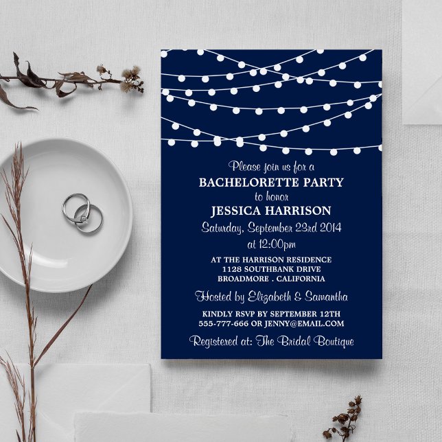 Modern Navy Blue String Lights Bachelorette Party Invitation (Creator Uploaded)