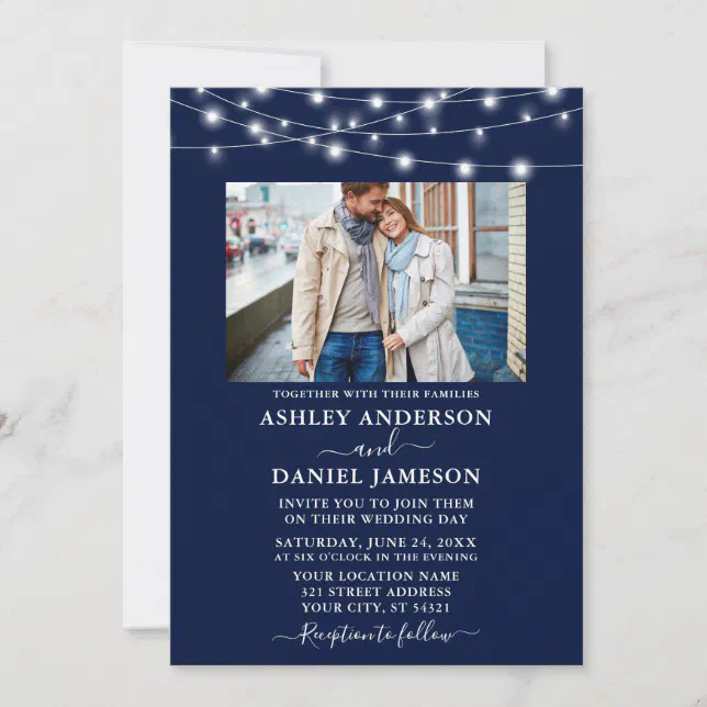Modern Navy Blue String Lights Photo Wedding Invitation | Zazzle