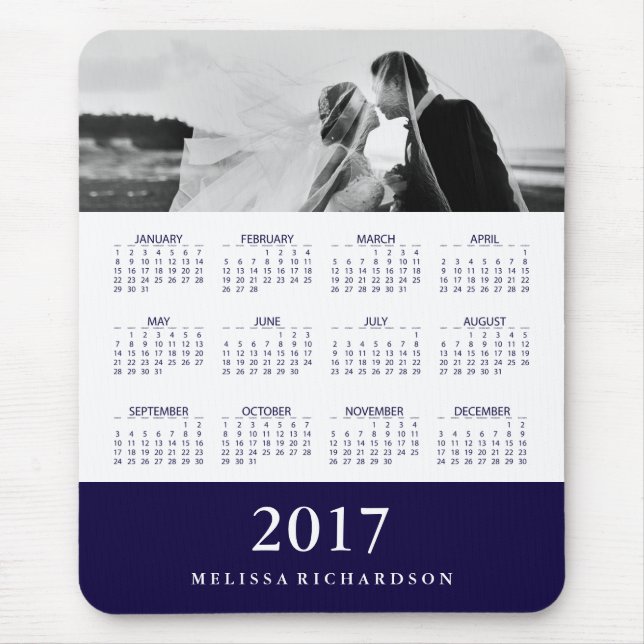 Modern Navy Blue Stripe 2017 Calendar and Photo Mouse Pad (Front)