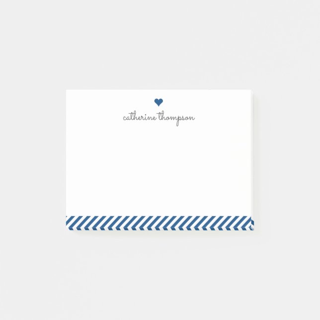 Modern Navy Blue Stripe Heart Girly Pretty Script Post-it Notes (Front)