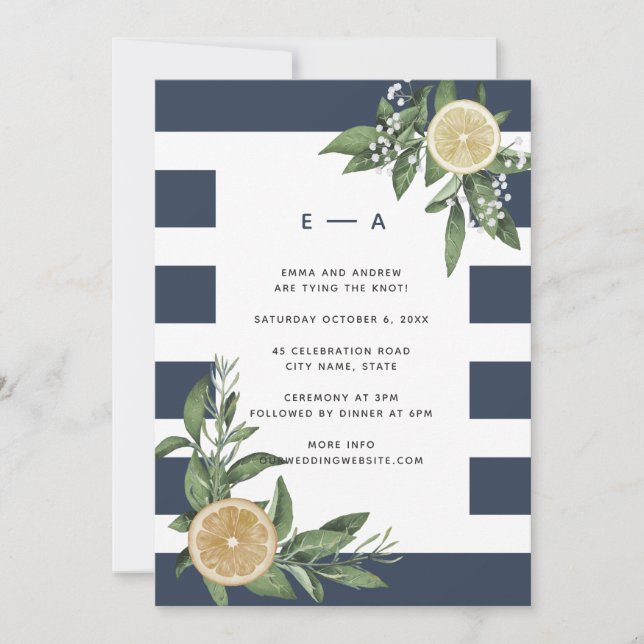 Modern Navy Blue Stripe Watercolor Lemon Invitation (Front)