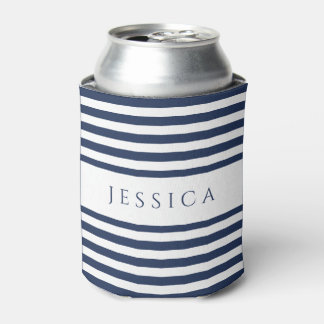 Modern Navy Blue Striped Custom Name Can Cooler