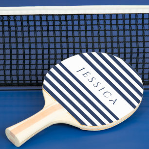 Modern Navy Blue Striped Custom Name Ping Pong Paddle