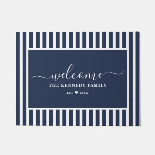 Modern Navy Blue Striped Family Name Welcome Doormat