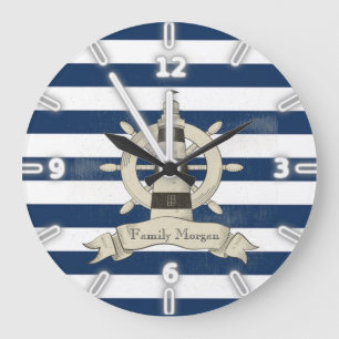 Modern Navy Blue Stripes,Boat Wheel Large Clock