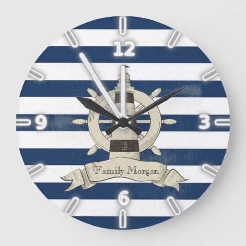 Modern Navy Blue  StripesBoat Wheel Large Clock