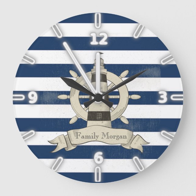 Modern Navy Blue  Stripes,Boat Wheel Large Clock (Front)