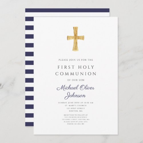 Modern Navy Blue Stripes Cross Boy First Communion Invitation