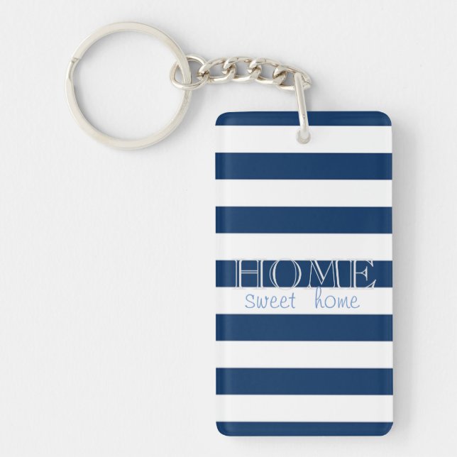 Modern Navy Blue  Stripes ,Home Sweet Home Keychain (Front)