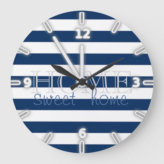 Modern Navy Blue  Stripes ,Home Sweet Home Large Clock (Front)