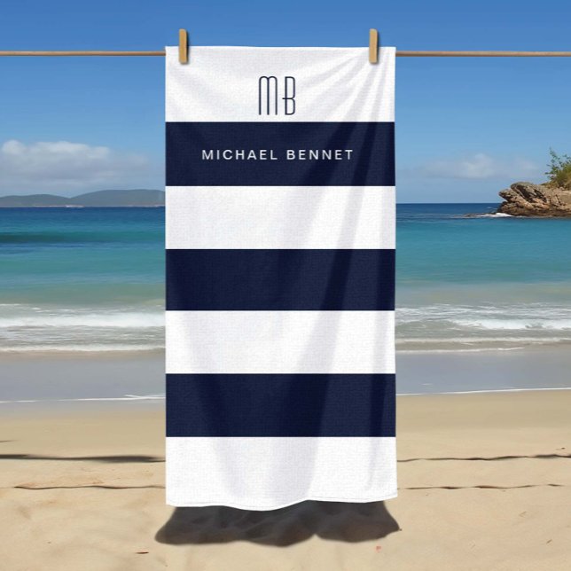 Modern Navy Blue Stripes Monogram Beach Towel (Modern Navy Blue Stripes Monogram Beach Towel)