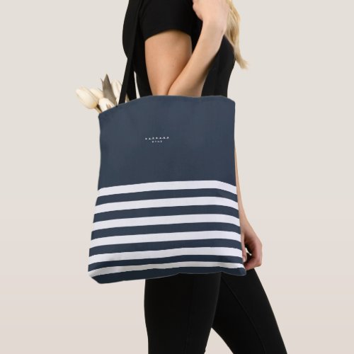 Modern Navy Blue Stripes Monogram Summer  Tote Bag