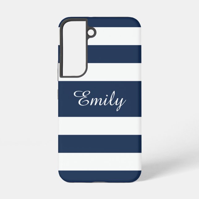 Modern Navy Blue Stripes Name Samsung Galaxy Case (Back)