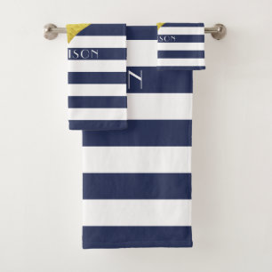 Modern Navy Blue Stripes Pattern Name Bath Towel Set