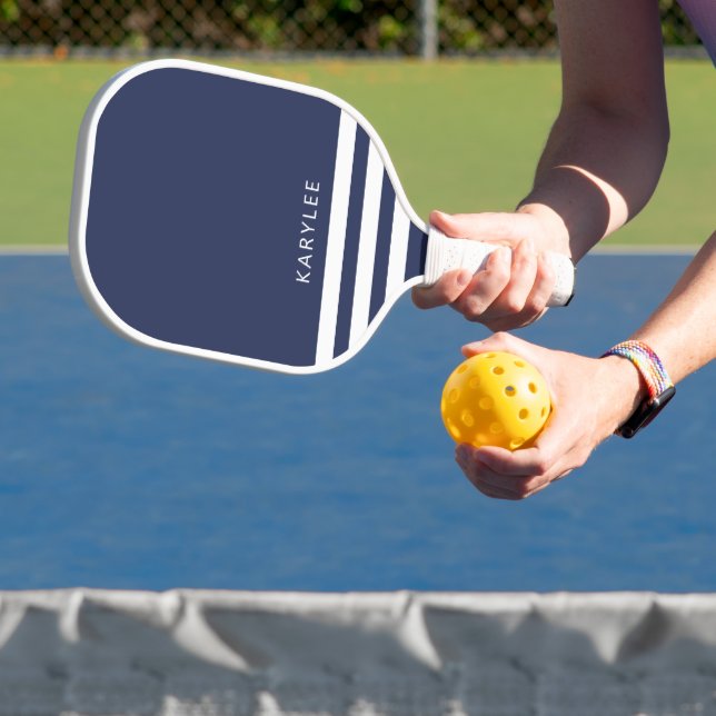 Modern Navy Blue Stripes Personalized Pickleball Paddle (Insitu)