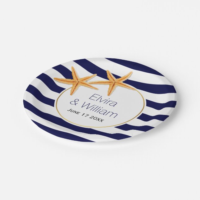 Modern navy blue stripes, starfish beach wedding paper plates (Angled)