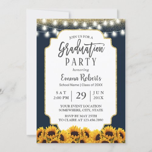 Modern Navy Blue Sunflower Floral Graduation Party Invitation