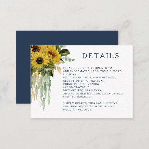 Modern Navy Blue Sunflower Wedding Details  Enclosure Card