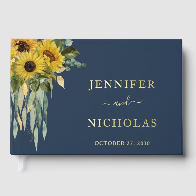Modern Navy Blue Sunflower Wedding Gold Foil Guest Book (Front)