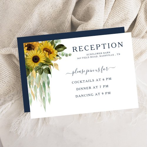 Modern Navy Blue Sunflower Wedding Reception Enclosure Card